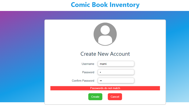 Screenshot of the login screen of the comic book collection application